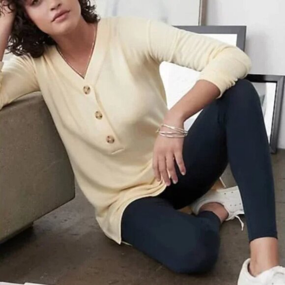 J. Jill Lemon Yellow Lightweight Half Button 3/4 Sleeve Casual layering sweater - Picture 3 of 9